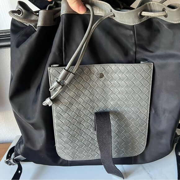 Bottega Veneta Grey Black Intrecciato Leather and Nylon Flap Backpack main image 5
